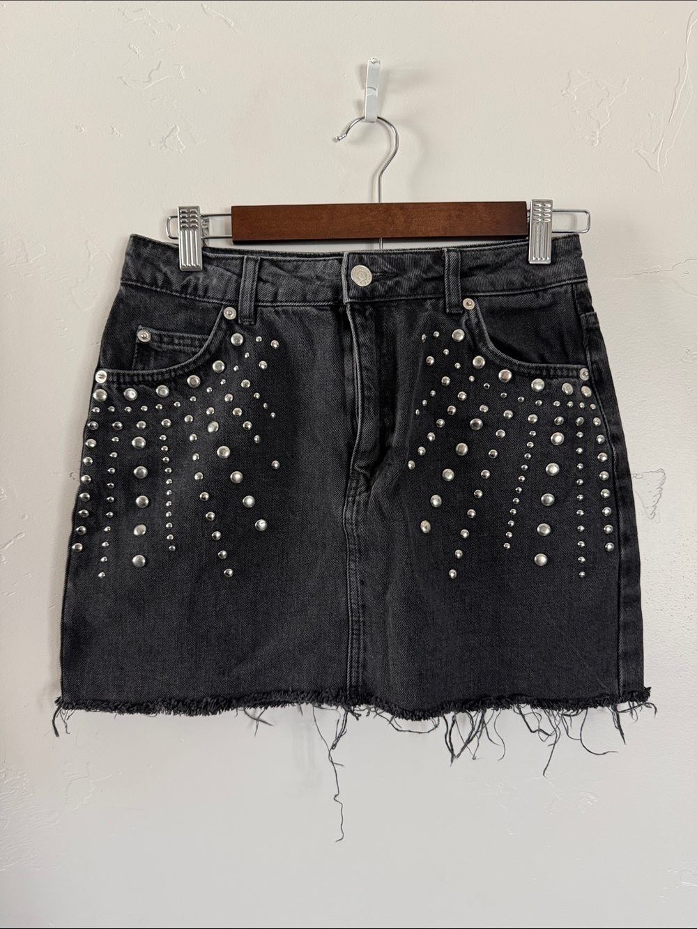 Topshop Black Studded Denim Mini Skirt Raw Edge Hem